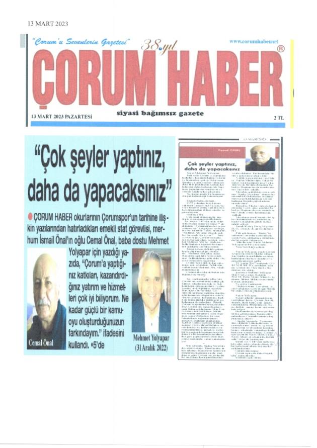 13.03.2023 TARİHLİ ÇORUM HABER GAZETESİ