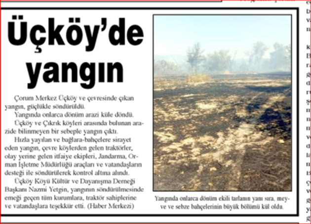 ÜÇKÖYDE YANGIN